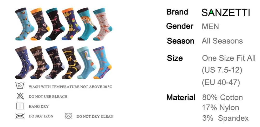 SANZETTI, 12 пар/лот,, забавные мужские цветные носки из чесаного хлопка, рисунок страуса, акулы, новинка, повседневные носки, свадебные носки