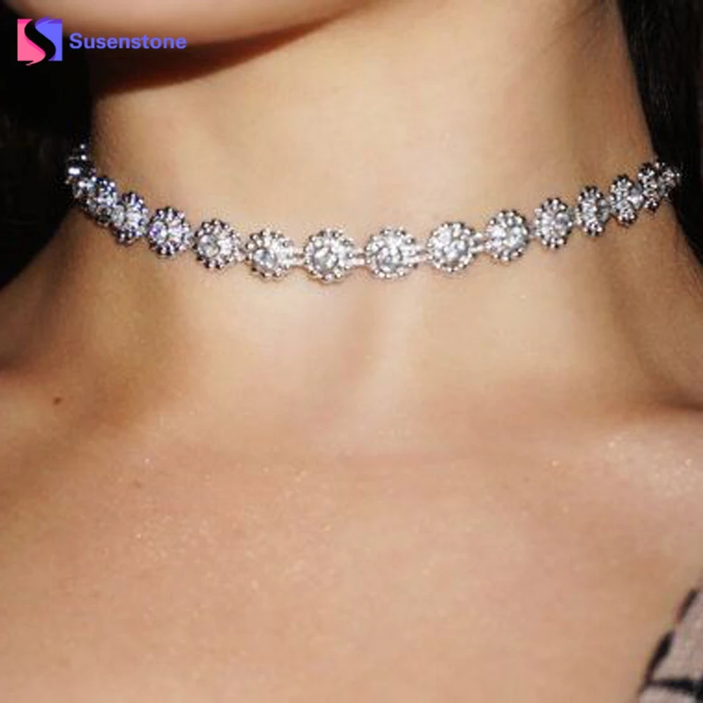 

susenstone Fashion Women Chain Flowers Necklace Crystal Rhinestone Collar Necklace Wedding Party Jewelry Girl Mother Gifts 2018