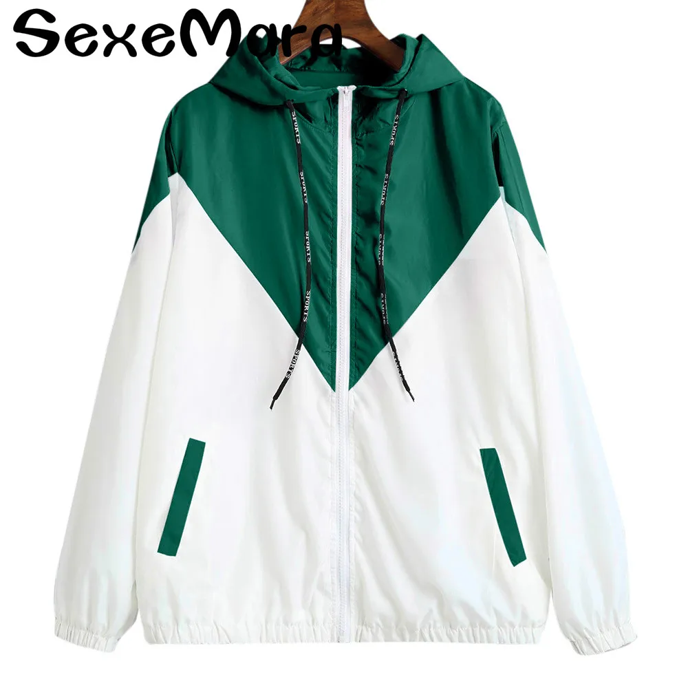Spring Autumn Fashion Hooded Two Tone Windbreaker Jacket Zipper Pockets Casual Long Sleeves