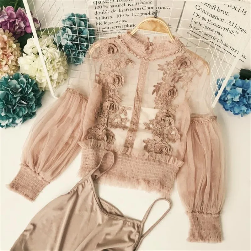

Spring 3D Flower Lace Women Blouse New Fashion Half Turtleneck See-through Puff Sleeve Blusas Two-piece Mesh Female Shirts T8826