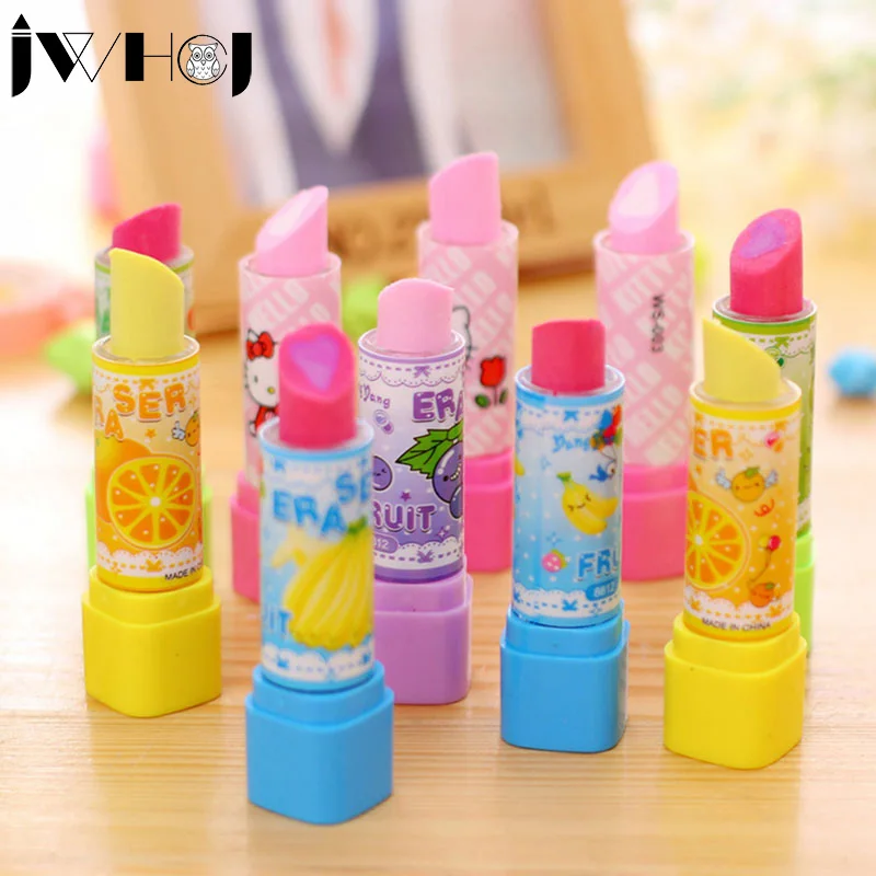 

2 pcs novelty Lipstick shape rubber eraser creative kawaii stationery school supplies papelaria gift for kids