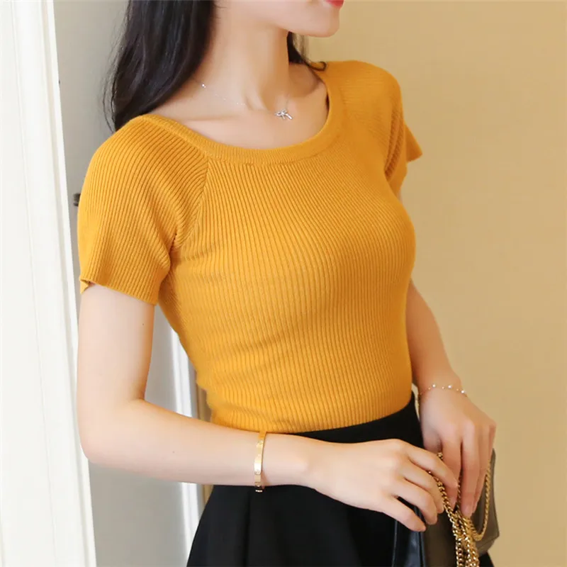 

Women Summer Tops Knitted Sweaters and Pullovers O Neck Short Sleeve Solid Knitting Shirts