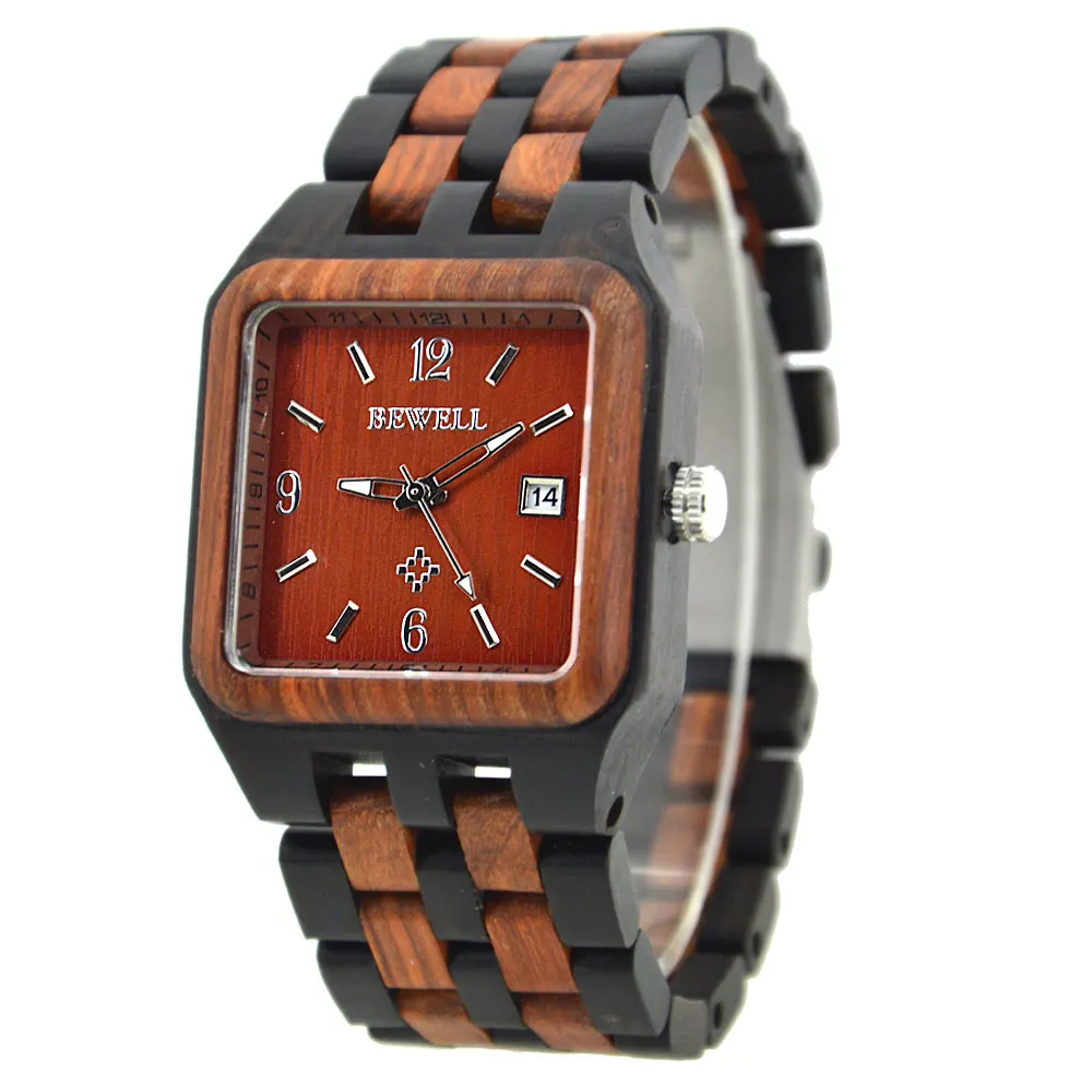 BEWELL 111A черные прямоугольные кварцевые деревянные часы для мужчин деревянный квадратный циферблат Авто Дата коробка часы для мужчин роскошный бренд Relogio Masculino - Цвет: black and red