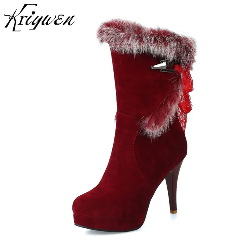 

Plus Size 32-43 Autumn Winter Women's Mid-calf Boots Flock High Heels Woman Fashion Shoes Sexy Ladies Platform Femmes Botas