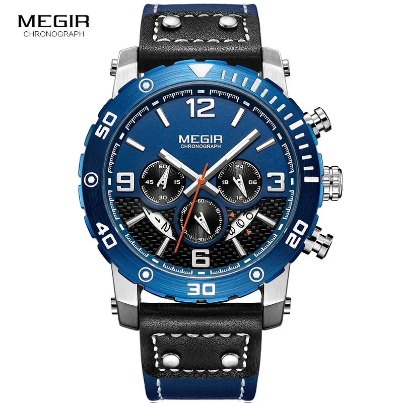 M2084-Blue Люксовые часы от бренда MEGIR, Для мужчин's спортивный хронограф кварцевые часы модный кожаный браслет Аналоговые 24 часа наручные часы с дисплеем для мужчин синий 2084GBE-2 - Цвет: M2084-Blue