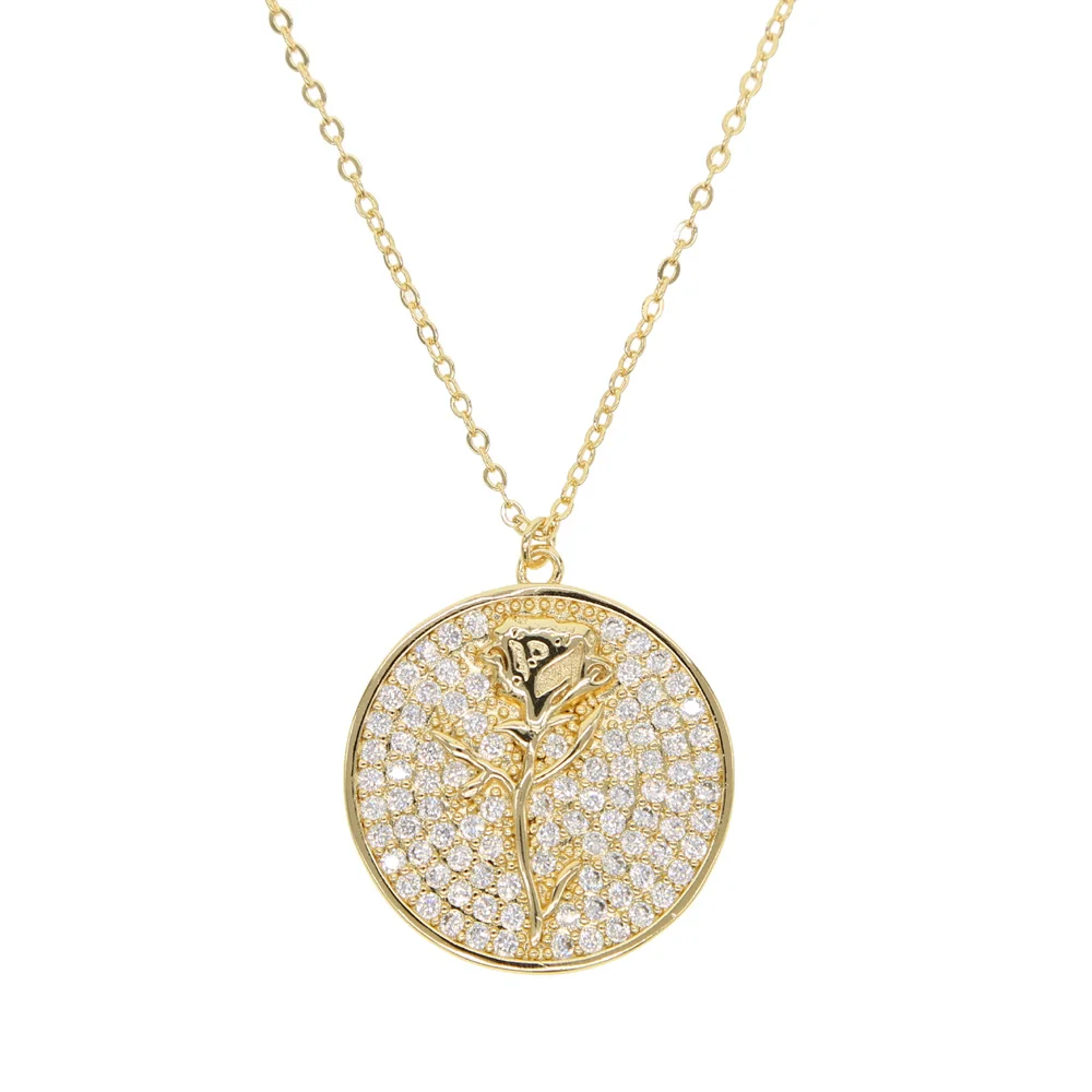 

fashion gold filled round shape charm pendant with white cz micro paved rose flower dog animals moon pattern necklace jewelry