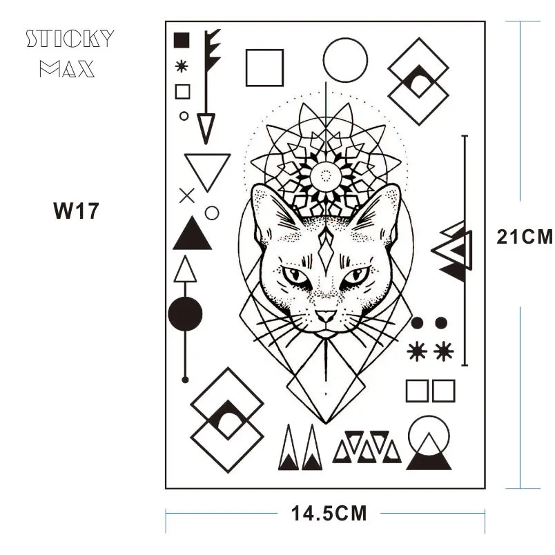 W17 1 шт Геометрическая кошка временная татуировка с квадратным, круглым кругом, треугольным геометрическим узором боди-арт татуировки - Цвет: W0017