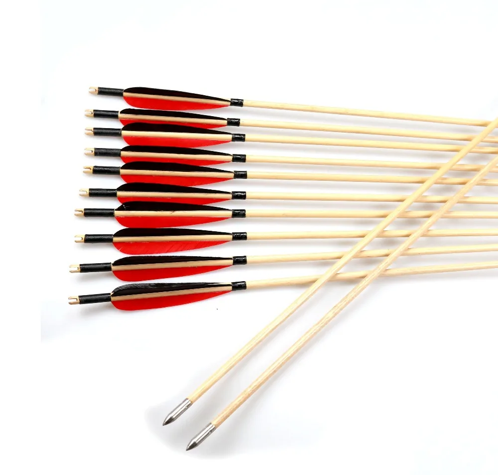 12/24pcs Wooden/Bamboo Arrows handmade Goose feather longbow hunting