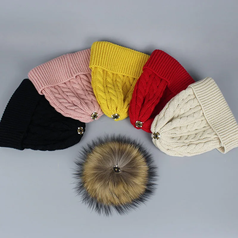 Children Winter Raccoon Fur Hats 100% Real Fur pompom Beanies Cap Natural Hat for Kids Fashion Boy girl Skullies