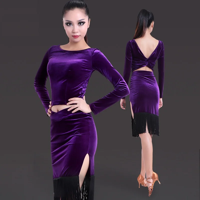 New sexy women long sleeves velvet latin/Rumba/samba/cowboy Dance Costume Dress adult purple