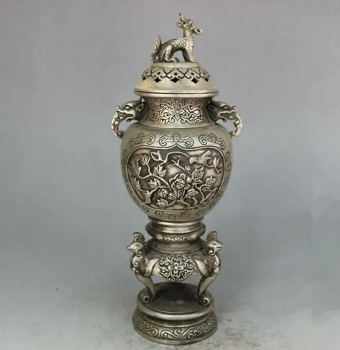 

Exquisite Old Chinese Tibet Silver Handwork Dragon Motif Incense Burner Censer Statue