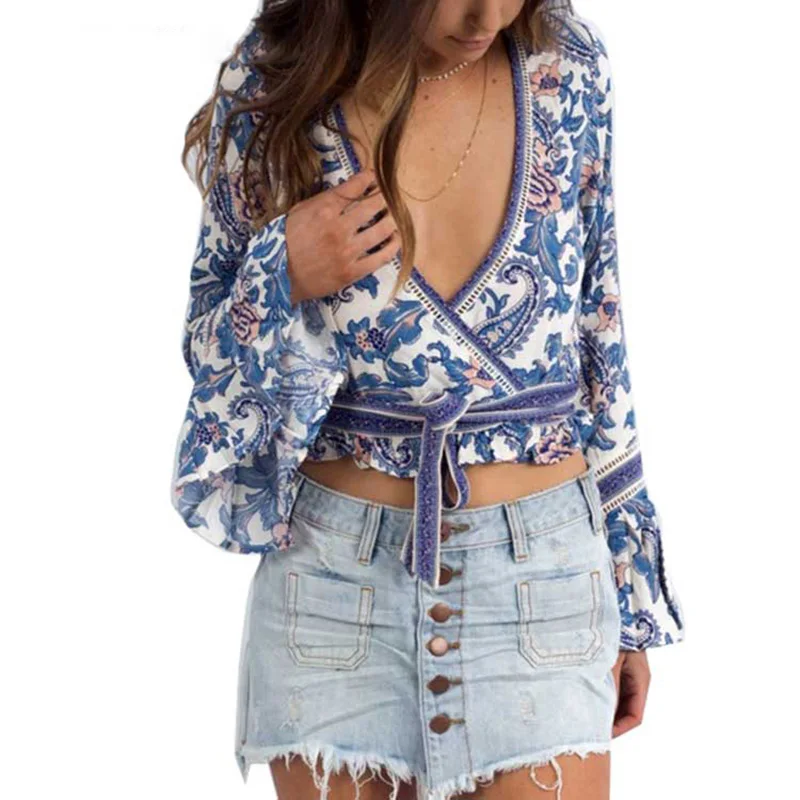 Meilleur Boho Chic D été Tops de Plage Vintage Imprimé Floral Noeud Noué Wrap Chemisiers Femme 2018 Mode Vêtements Chemises Patchwork Blusas Mujer