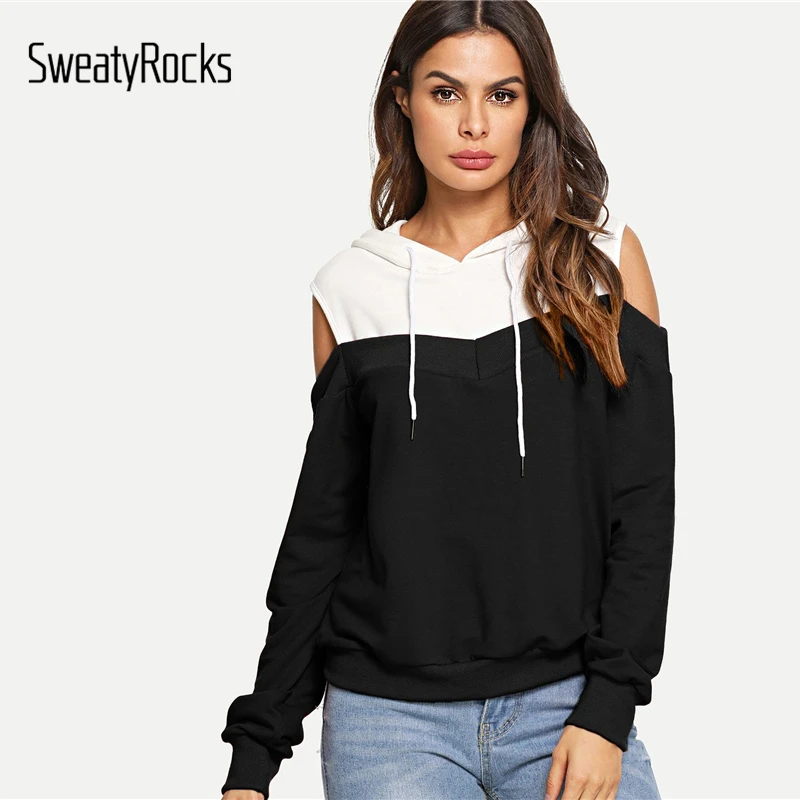 SweatyRocks Athleisure толстовка с капюшоном и завязками на плечах, пуловер с длинным рукавом, толстовки, Модные осенние женские повседневные толстовки