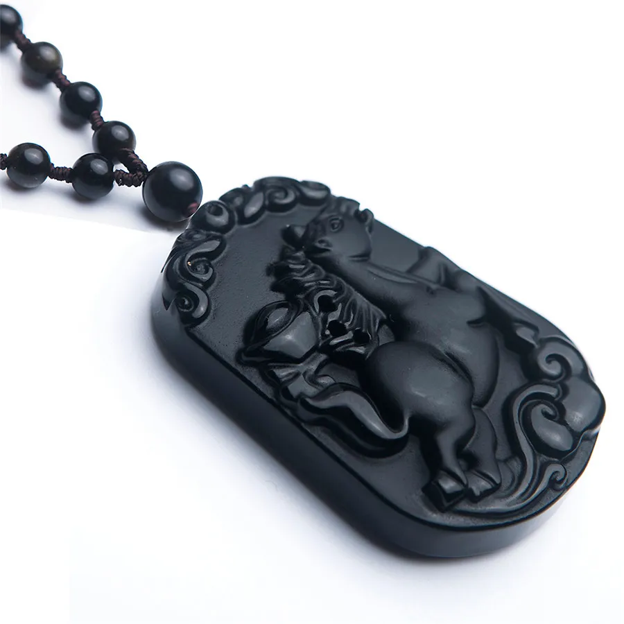 

100% Genuine Black Gemstone Natural Obsidian Pendant Women Men Necklace Powerful Horse Animal Drop Obsidian Pendants 49x33x10mm