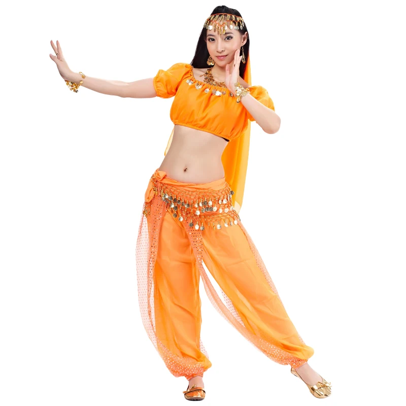 Взрослые индийские танцевальные костюмы танец живота Болливуд Женская одежда 5 шт. набор индийский комплект для выступлений топ+ брюки+ вуаль+ головной убор+ пояс - Цвет: Orange