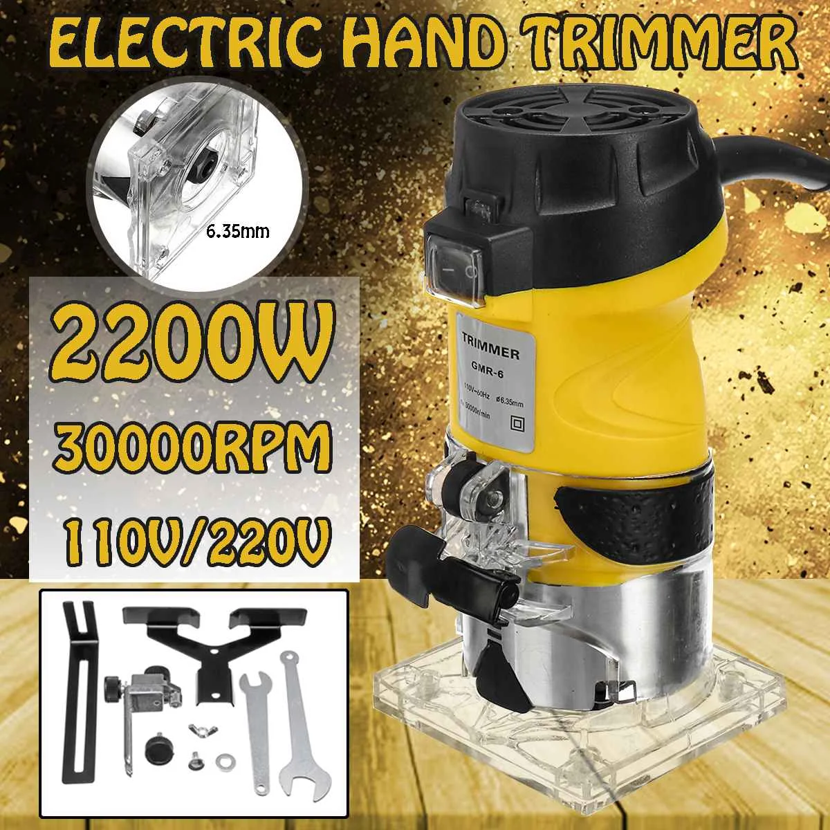 

110V/220V 2200W Yellow Electric Hand Trimmer 30000RMP 6.35mm Wood Laminate Router Joiners Hand Carving Machine Wood Router