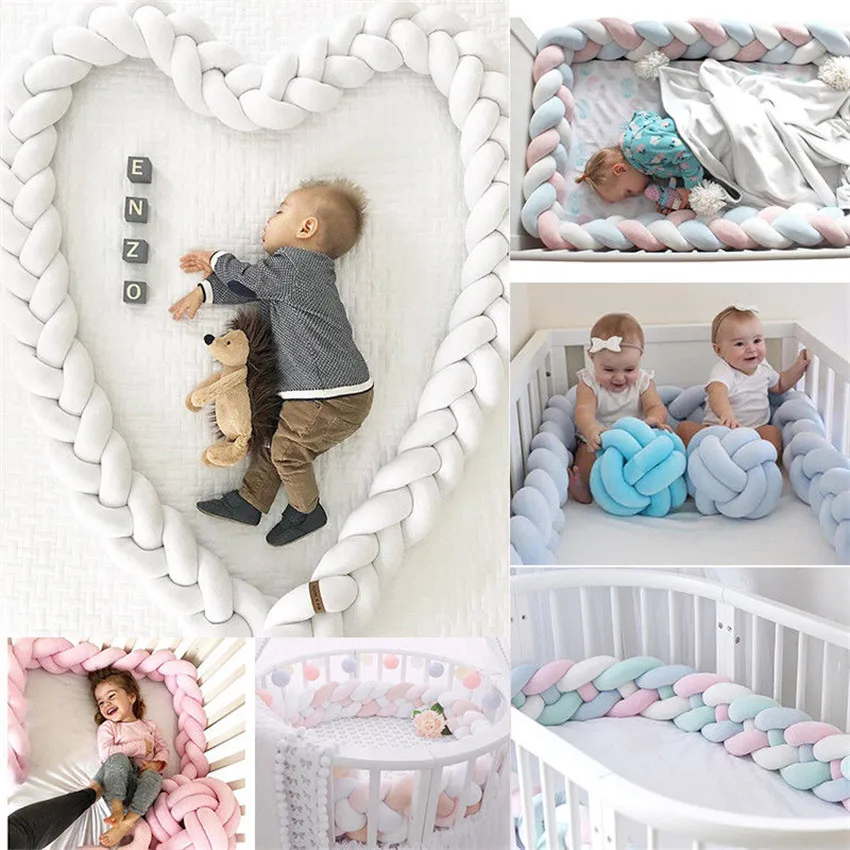  2M Length Baby Bed Bumper 4 Braids Baby Bed Decor Pure Weaving Plush Knot Crib Bumper Protector Inf