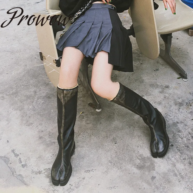 

Prowow New Trend Vintage Black Knee HIgh Boots Ruond Toe Zip Back Flats Boots Autumn Winter Boots Shoes Women