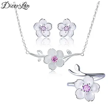 

DIEERLAN Rhinestone Sets Jewelry for Women 925 Sterling Silver Zirconia Cheery Flower Necklaces Ring Statement Jewelry Brincos
