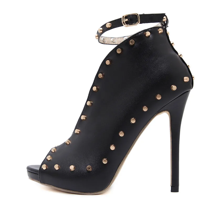 

Black Fish Mouth Open Toe Hollowing Out One-character Buckle Stiletto High Heel Sandals Boots Summer New Sexy Party Rivet Sandal