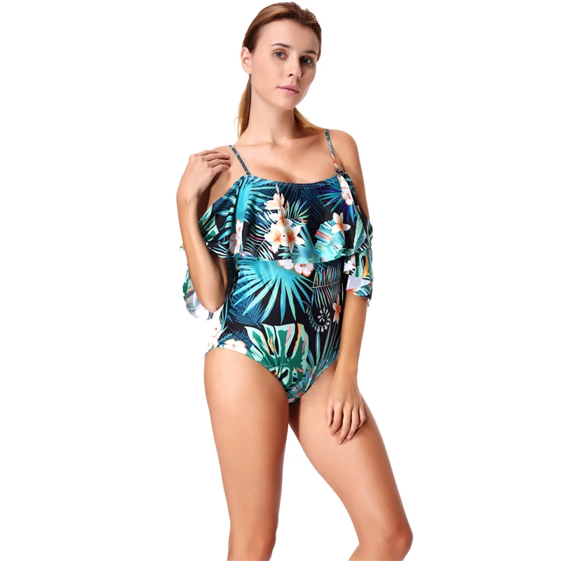 LELINTA Sexy One Piece Swimsuit Women Swimwear Leaf Print Bathing Suit Bandage Bodysuit Off The Shoulder Vintage Bather Swimwear