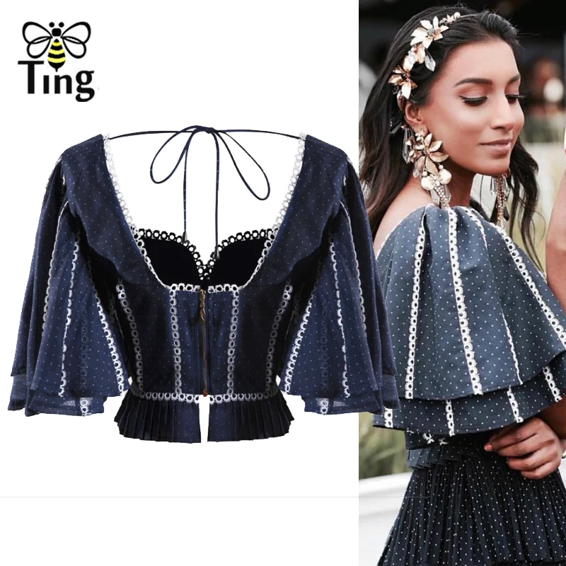 

Tingfly 2019 Designer Runway Polka Dot Crop Tops Women Summer Casual Ruffles Sleeve Short Blouse Lace Patchwork Backless Shirts