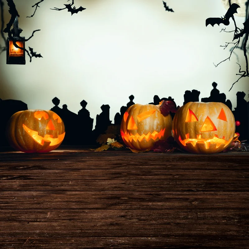 

Laeacco Halloween Backdrops Photography Zombie Pumpkin Bat Branch Dark Tombstone Wooden Boards Photo Backgrounds Photo Studio