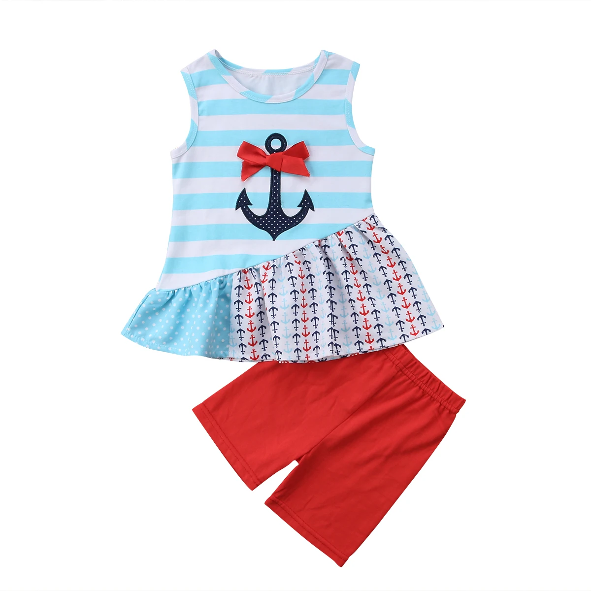 Baby Girls Anchor Clothes Kids Ruffles Dress+Cropped Pants 2PCS Outfits
