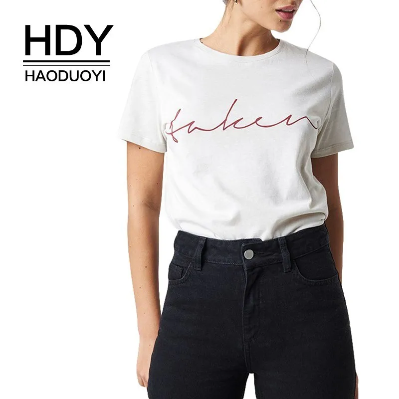 

HDY Haoduoyi Pure Letter Printing Tees Short Sleeves White Women Fashion T-shirt Female Summer Top Free Shipping