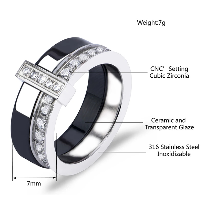 Black White Ceramic Ring With One Row Australia Zircon Two Layers Stainless Steel Thin Engagement Rings For Women Jewelry