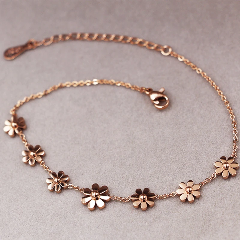 

New Titanium Steel Brand Jewelry 7 Daisy Anklets For Women Rose Gold Color Fashion Prevent Allergy Summer Jewelry