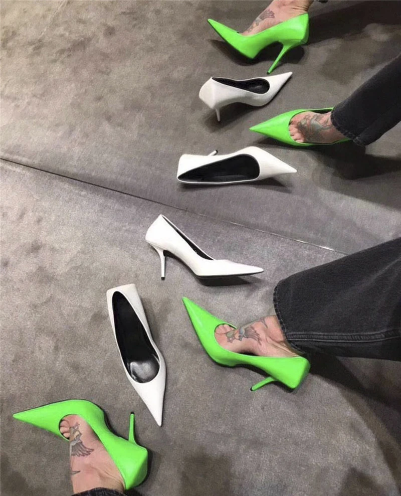 Chaussures de course de Paris pour femmes, sandales à couteau carré  fluorescentes, escarpins en cuir vert néon, collection 2019 | AliExpress