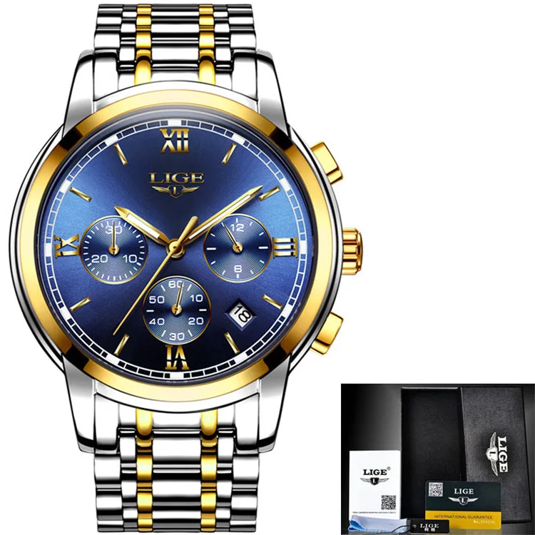 Мужские часы Montre Homme, люксовый бренд, LIGE, хронограф, мужские спортивные часы, водонепроницаемые, полностью стальные, кварцевые, мужские часы, Relogio Masculino - Цвет: steel gold blue