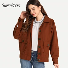 SweatyRocks, ржавчина, Повседневный, двойной карман, Одноцветный пиджак, однобортный, отложной воротник,, осень, Женские винтажные топы и пальто