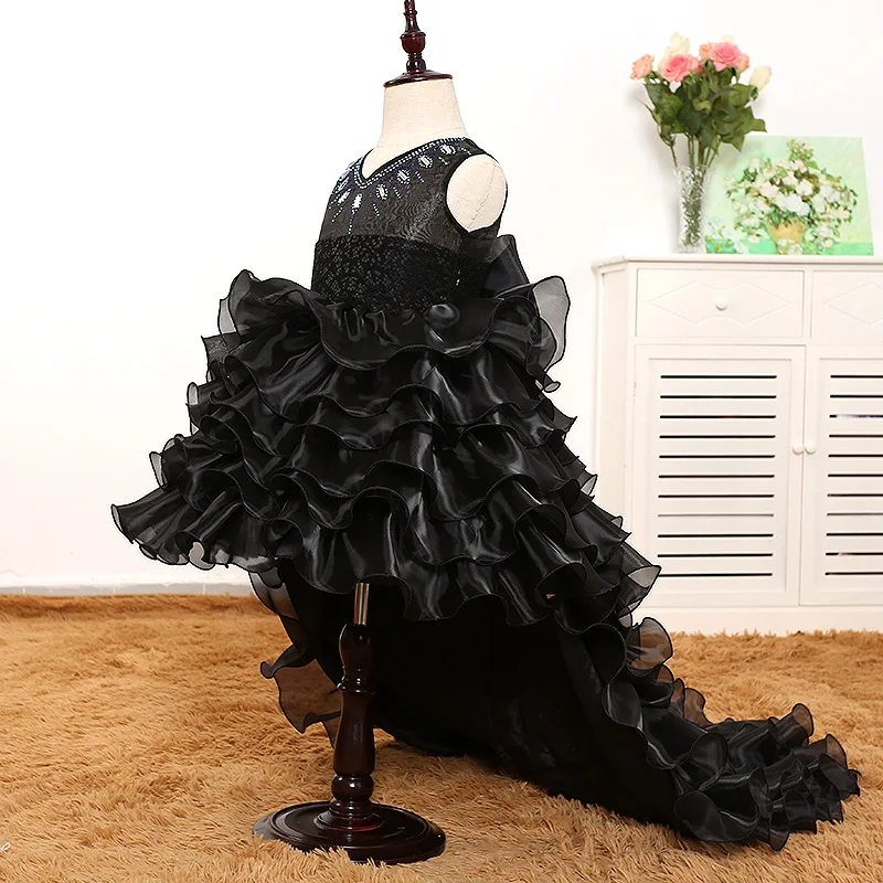 

Flower girl wedding dress dance detachable trailing dress lovely princess black lace cake dress swallowtail host dress 18N1126