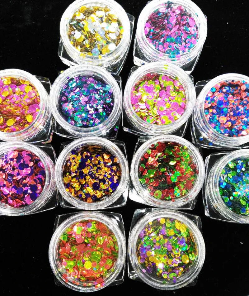 12 баночек для дизайна ногтей блестящие конфетти наборы для украшения круглой формы в горошек мини-блестки для рукоделия тонкие цветные небольшие комбинации