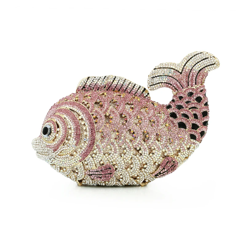 Fish shape crystal mini purse with gold chain hard clutch evening bag