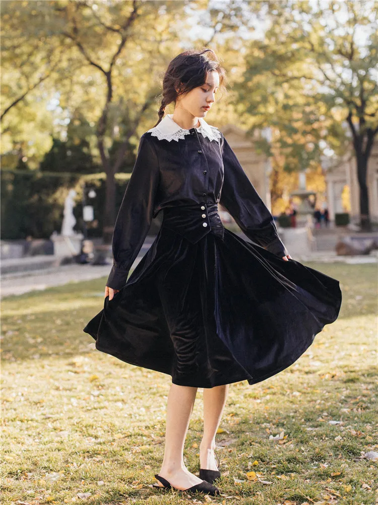 Dell'annata Gonna Il Di Autunno Inverno Pezzo Modo Camicia Due Pezzi Velluto Un E Donne Vestito 2019 Nuove Nero A Oro Set Nk8n0wXOP