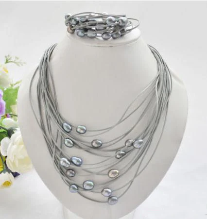 

Elegant Handmade Real Pearl Jewelry Set 15row 13mm Black Rice Freshwater Pearl Gray Leather Necklace Bracelet