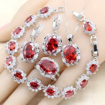 

Red Zircon 925 Silver Wedding Jewelry Sets Women Earrings Bracelet Rings Necklace Pendant Birthday Gift Box