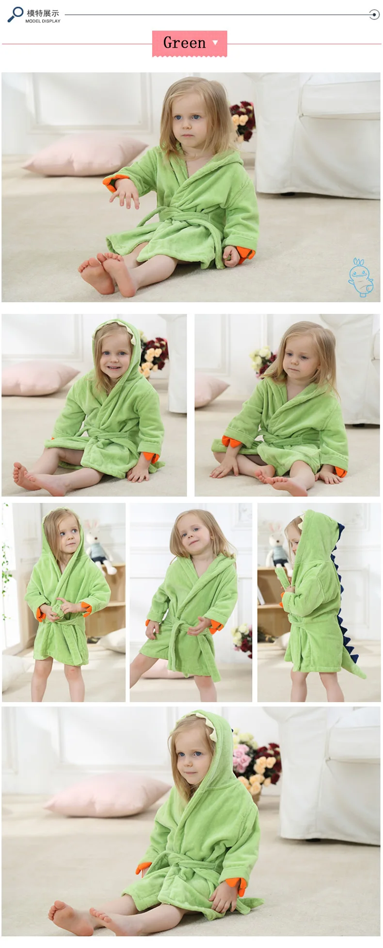 Fashion Baby Girls Bathrobes Green Dinosaur Robe Cartoon Towel Kid Spring Autumn Bathing Suits Animal Hooded Nightgown