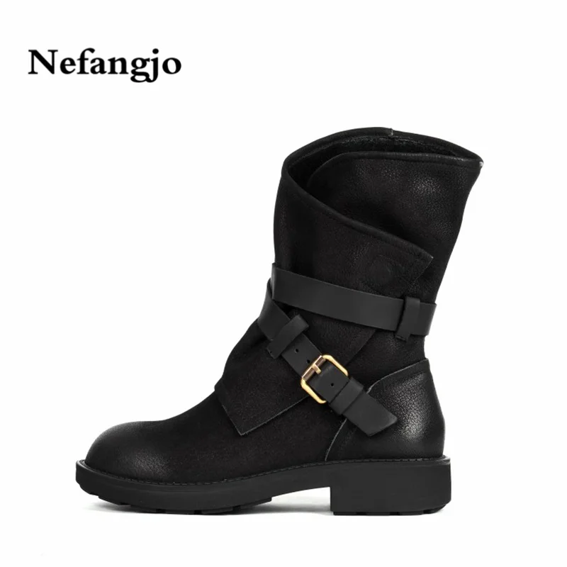 

Nefangjo 2018 New Top Leather Women's Boots Retro Buckle Women's Boots Side Zip Leather Mid-Calf Boots