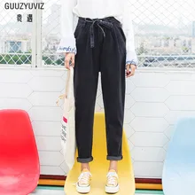 GUUZYUVIZ свободные джинсы для женщин в стиле бойфренд повседневные бандажные галстуки-бабочки на ремне с манжетами джинсовые женские джинсы больших размеров черные шаровары