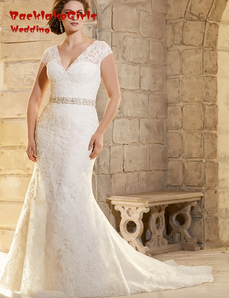 BacklakeGirls Real V neck Tulle Crystal Cap Sleeve Elegant Plus Size font b Wedding b font