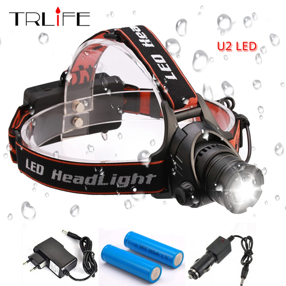 

6000 Lumens LED Headlamp Waterproof Zoomable Headlight U2 Powerful Light 18650 Battery Head Lamp + AC Charger + Car Charger