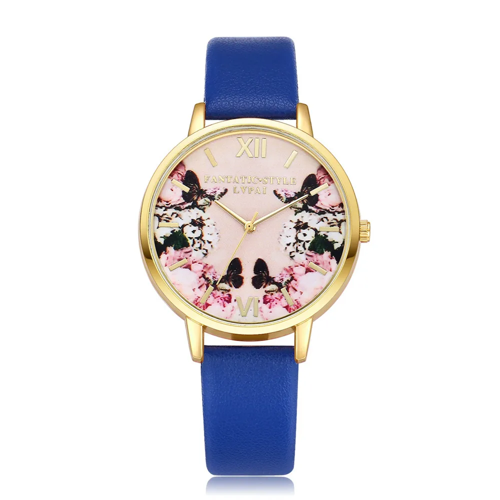 Брендовые новые роскошные часы женские винтажные часы с цветами и бабочками кожаные кварцевые часы montre femme женская одежда часы - Цвет: Blue