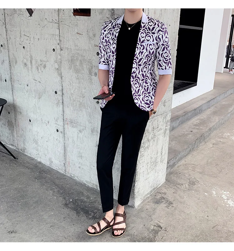 Летние тонкие мужской костюм с блейзером Slim Fit Повседневная куртка костюм с принтом Весте Homme Половина рукава мужской блейзер для ночного клуба Костюмы