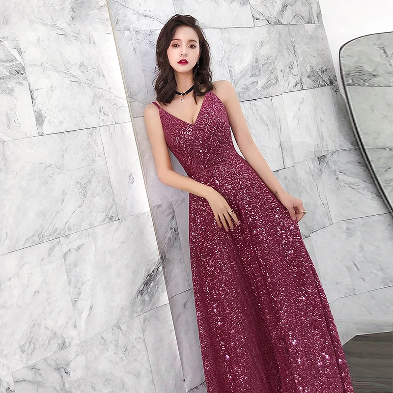 

Aswomoye A-Line Evening Dress 2019 New Fashion Shinning Sequins Red Carpet Dress Sexy Spaghetti Strap Prom Dress robe de soiree
