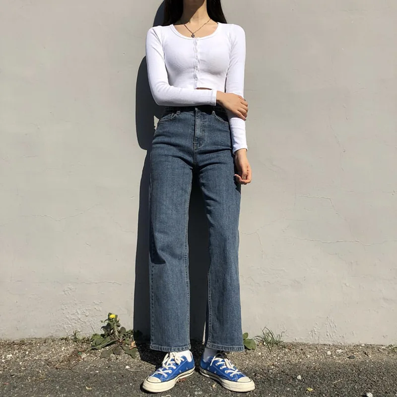 

Korean Version of High-waisted Jeans Women 2019 Spring New BF Wind Loose Straight Women Jeans Trousers Broad Legs Pants Tide