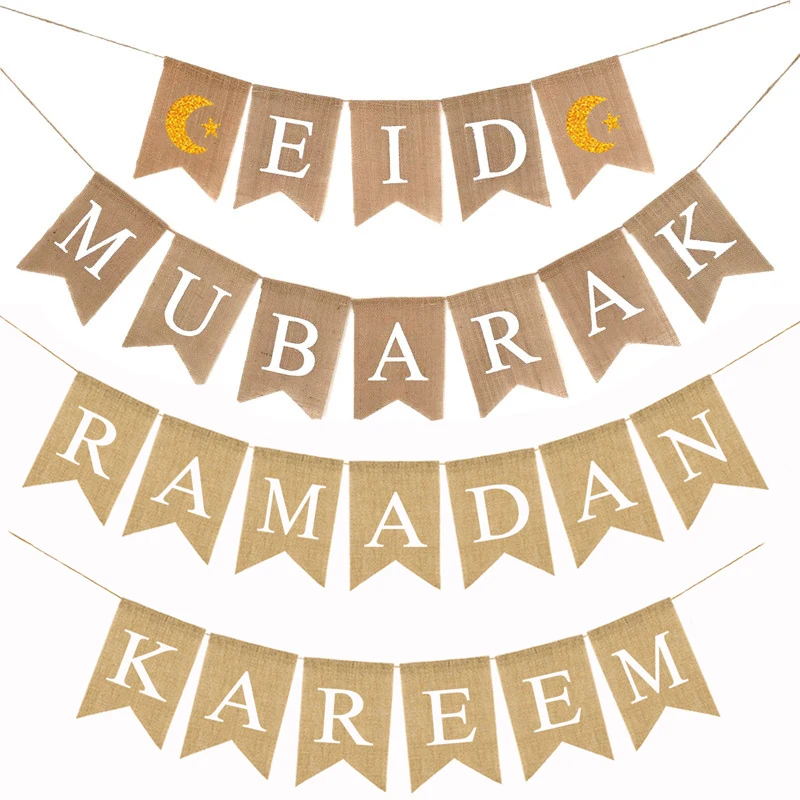 

2020 Eid Mubarak Banner Muslims Ramadan Kareem Decorations Linen Hanging Flag with Ropes Islam Home Decor Party Supplies